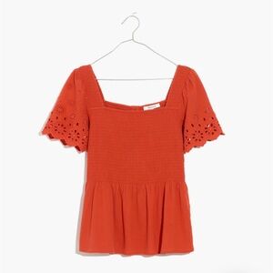 NWT Madewell Eyelet-Sleeve Smocked Peplum Top